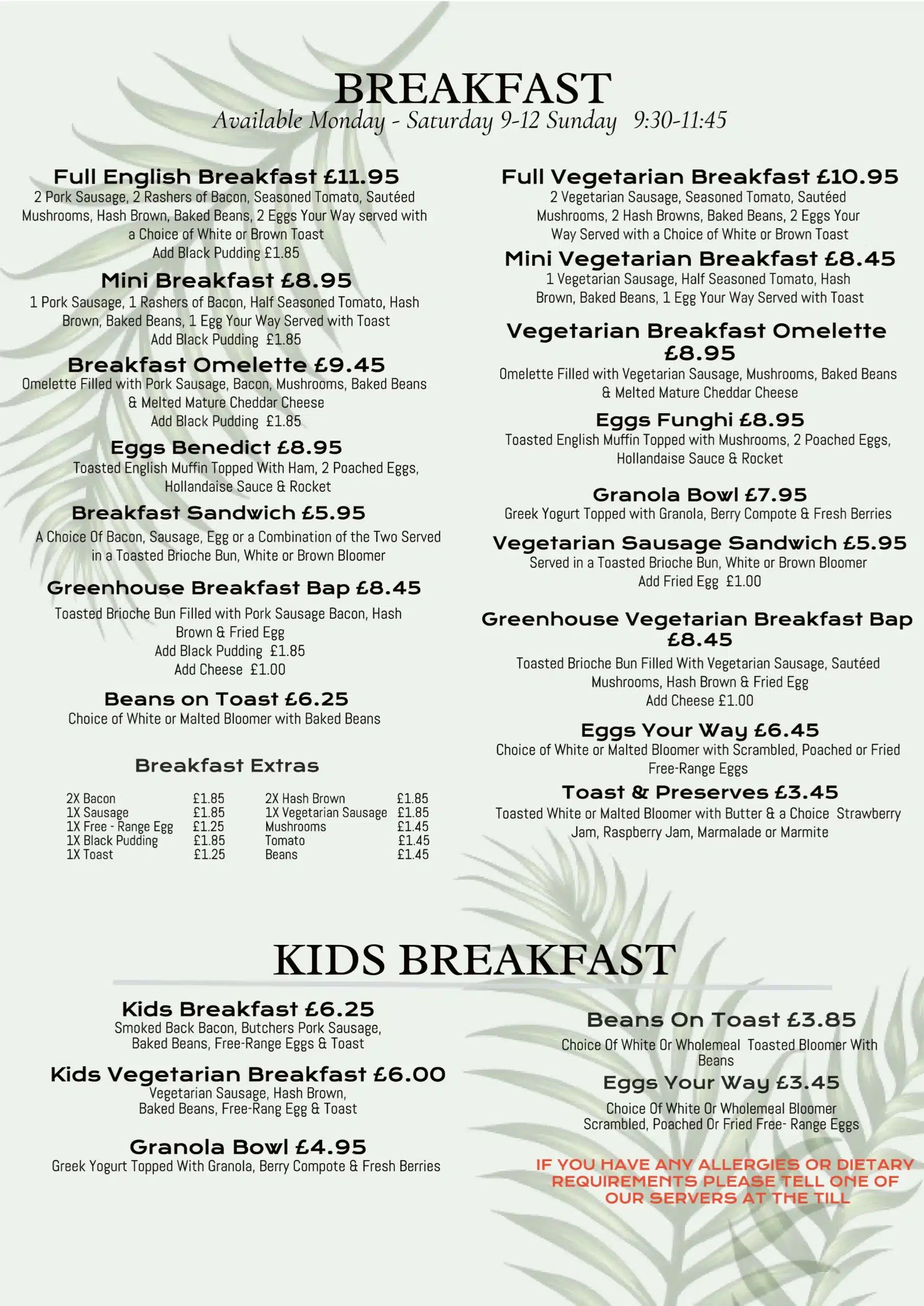 Cafe Breakfast Menu